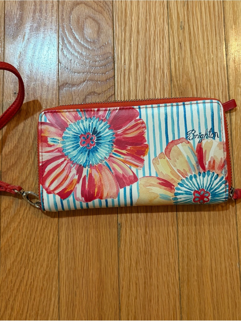 Brighton Water Garden Meadow Floral Tech Wallet/Wristlet Red Leather Excellent
